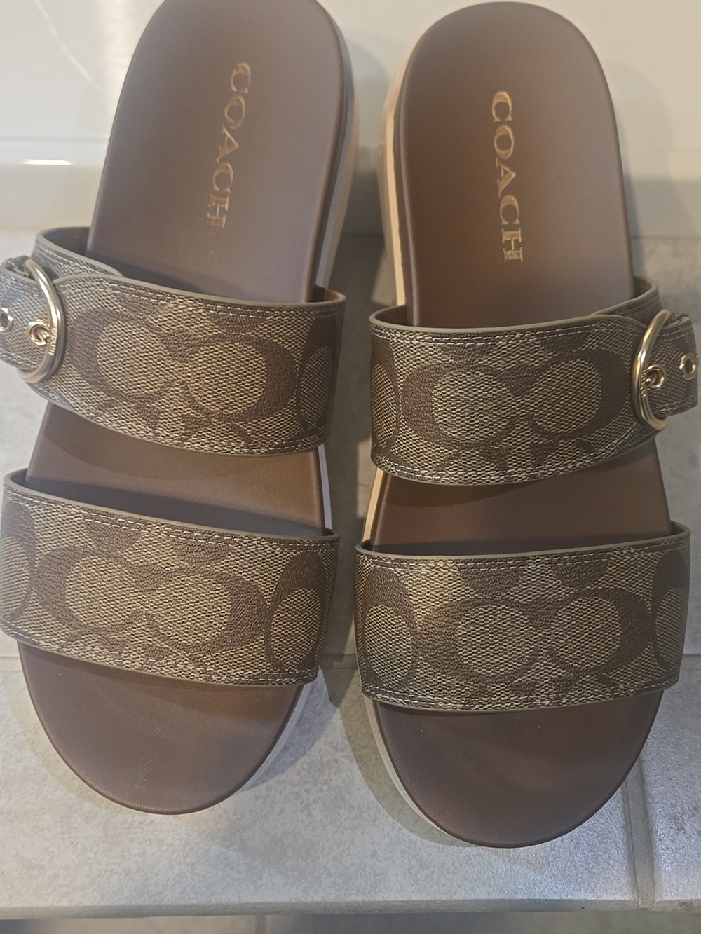 Coach Women's Brown Signature Double-Strap Slide Sandals - Picture 3 of 6
